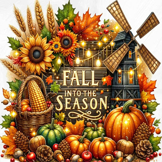 Fall into the Season Diamond Painting Kit. A festive autumn scene with a sign, windmill, pumpkins, sunflowers, and a basket of corn