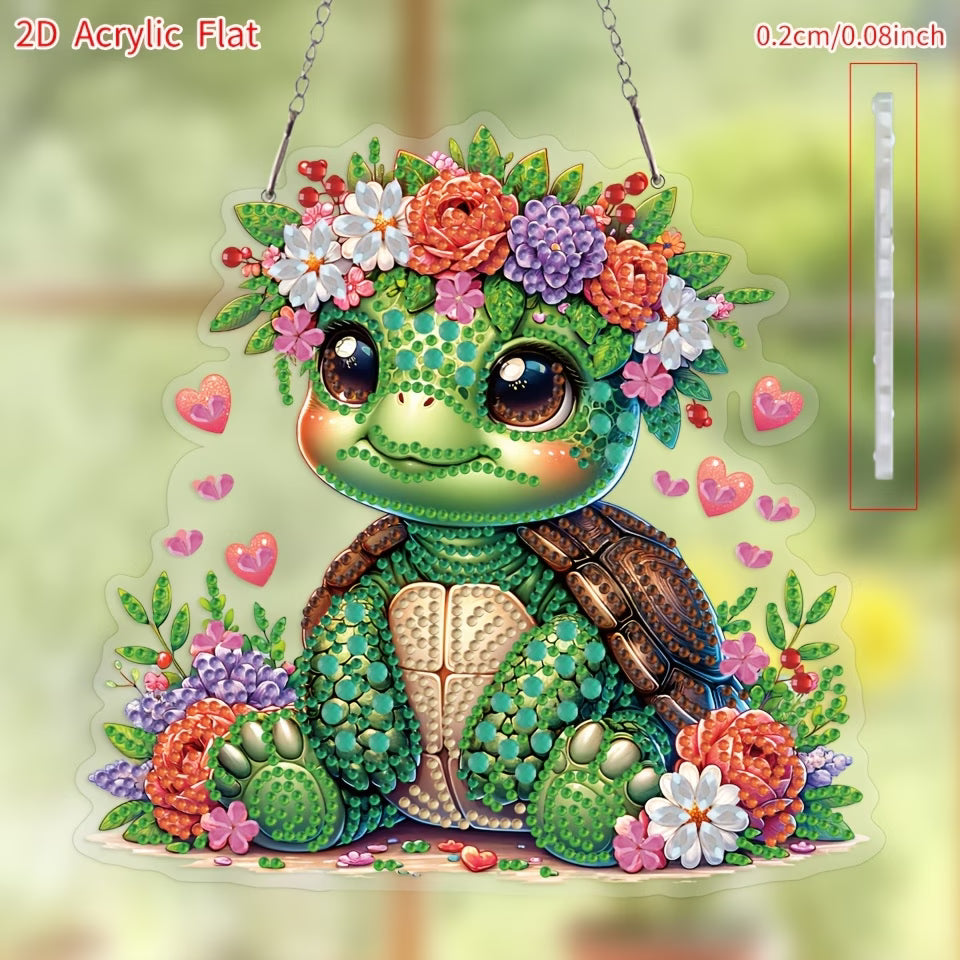 A 2D flat acrylic diamond painting kit featuring a cute green baby turtle wearing a flower crown surrounded by pink hearts and flowers.