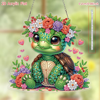 A 2D flat acrylic diamond painting kit featuring a cute green baby turtle wearing a flower crown surrounded by pink hearts and flowers.