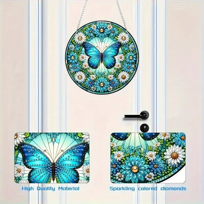 Decorative butterfly and floral design on a door handle set with 'High Quality Material' and 'Sparkling colored diamonds' text.