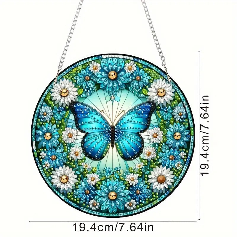 Decorative circular design with a blue butterfly and flowers, featuring measurements on a white background.