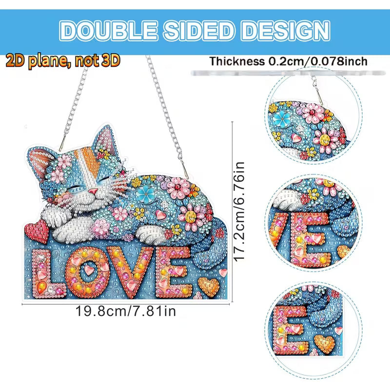 A double-sided diamond painting canvas featuring a sleeping cat and the word 'LOVE' with floral and rhinestone details, shown with dimensions, thickness, and circular close-ups on a white background.