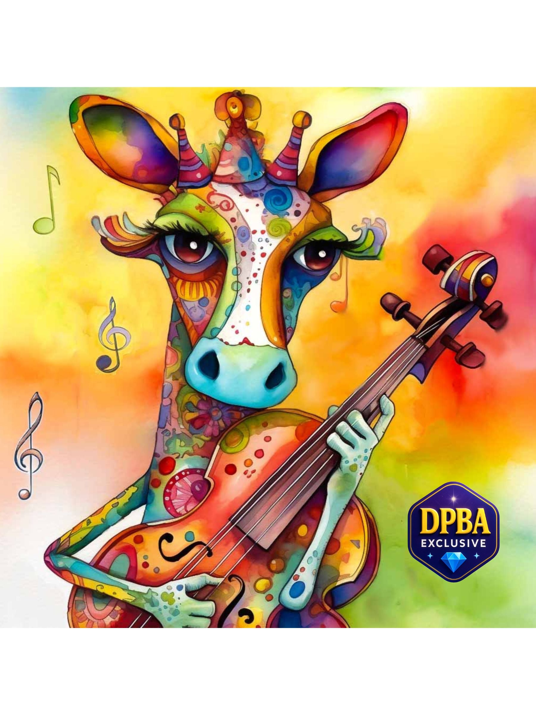 Colorful and whimsical giraffe playing a guitar exclusive diamond painting bling art kit 