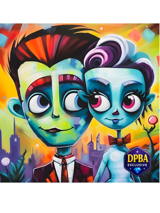 Colorful zombie couple diamond painting in cartoon style with vibrant cityscape background, DPBA exclusive