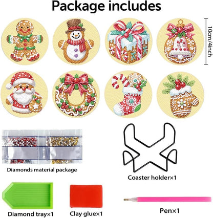 Package contents including diamond art materials and tools for creating Christmas-themed coasters.