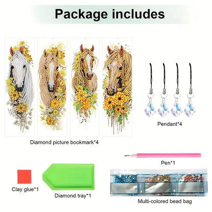Package contents including diamond picture bookmarks, pendant, clay glue, diamond tray, pen, and bead bag on a white background.