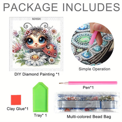 Product package with DIY diamond painting kit including a doll illustration, tools, and materials.