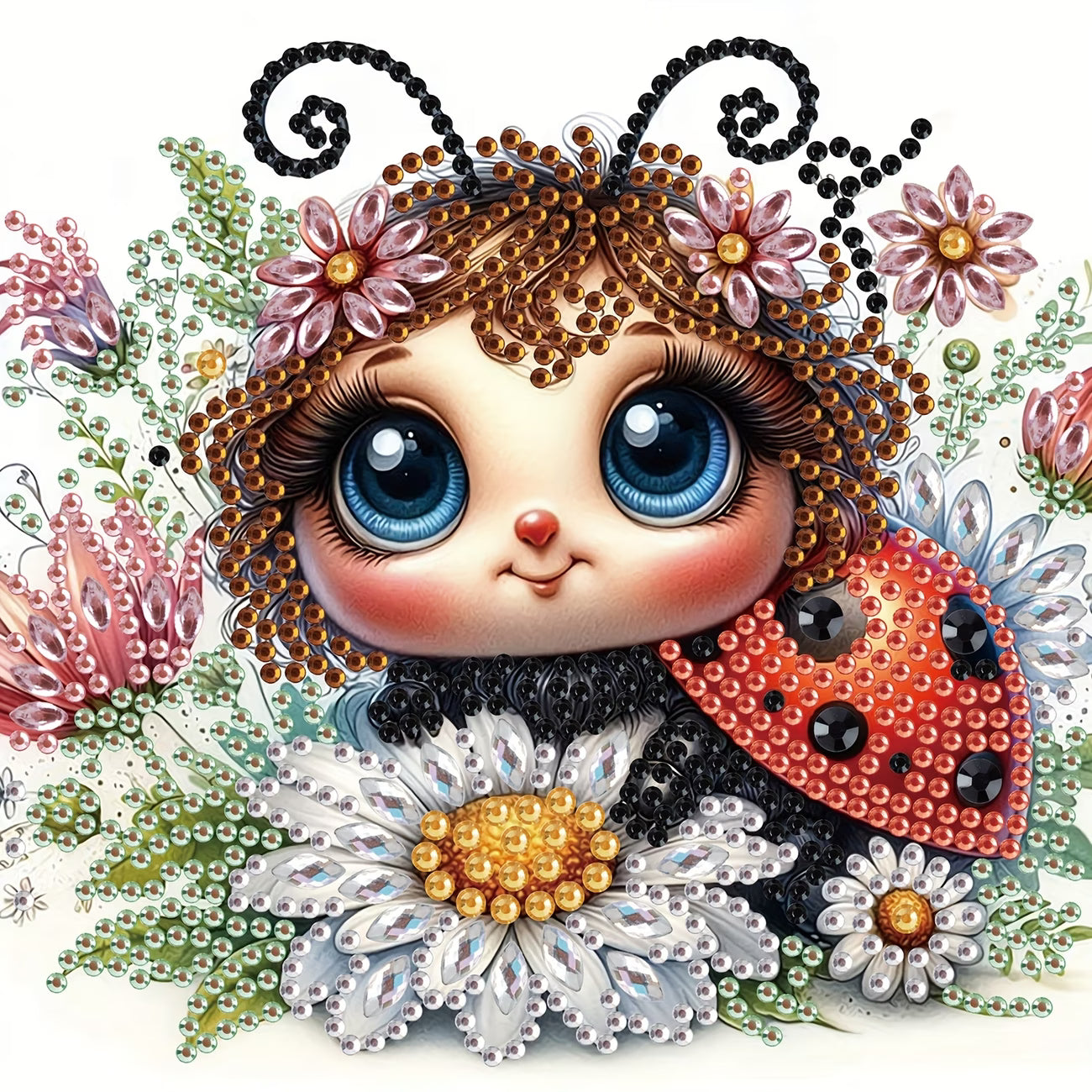 Diamond painting of a ladybug character with floral decorations on a white background
