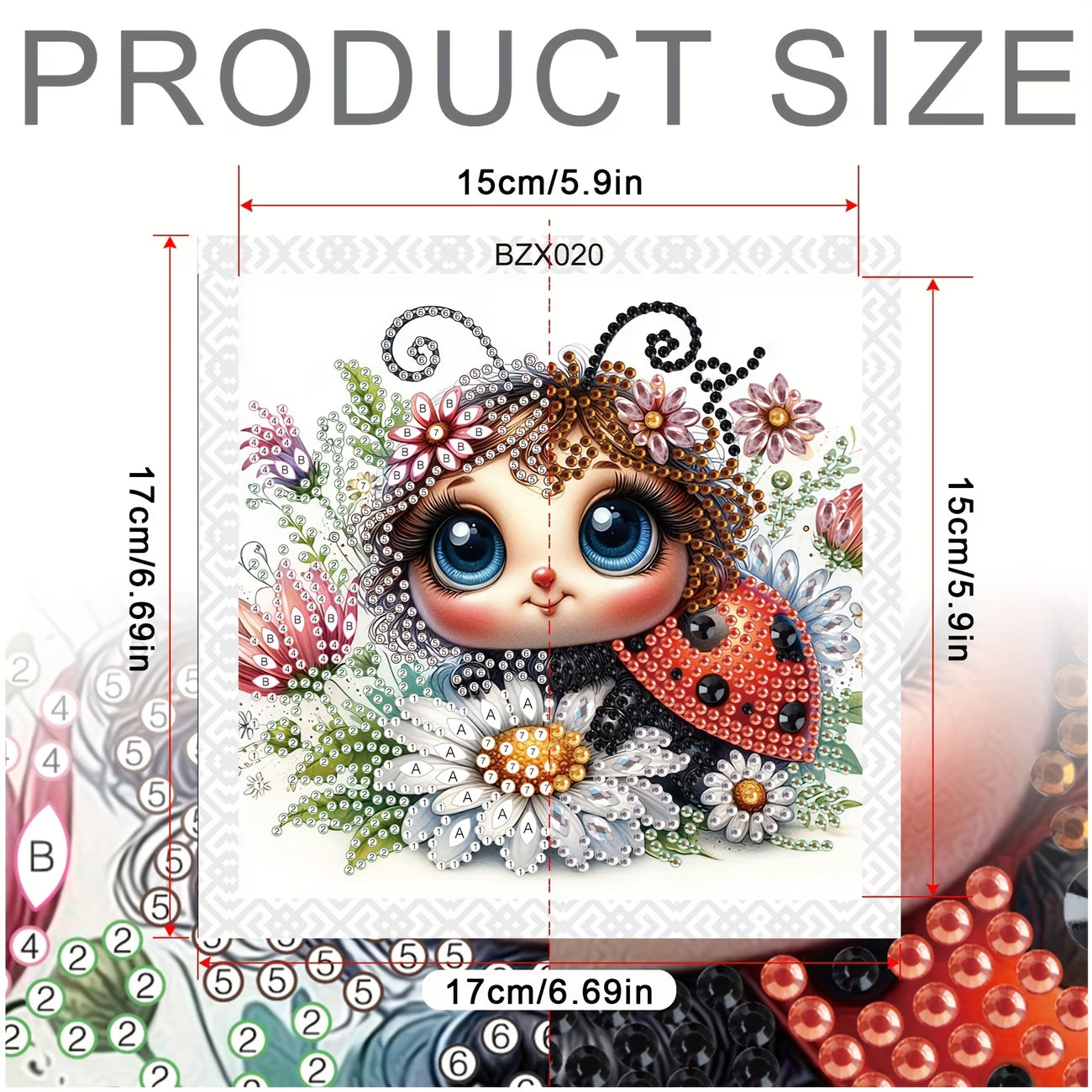 Product size chart with a decorative design of a cartoon character surrounded by flowers and beads.