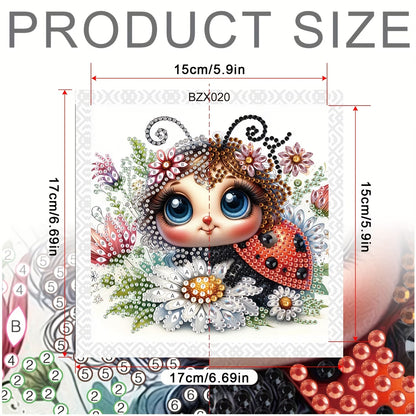 Product size chart with a decorative design of a cartoon character surrounded by flowers and beads.