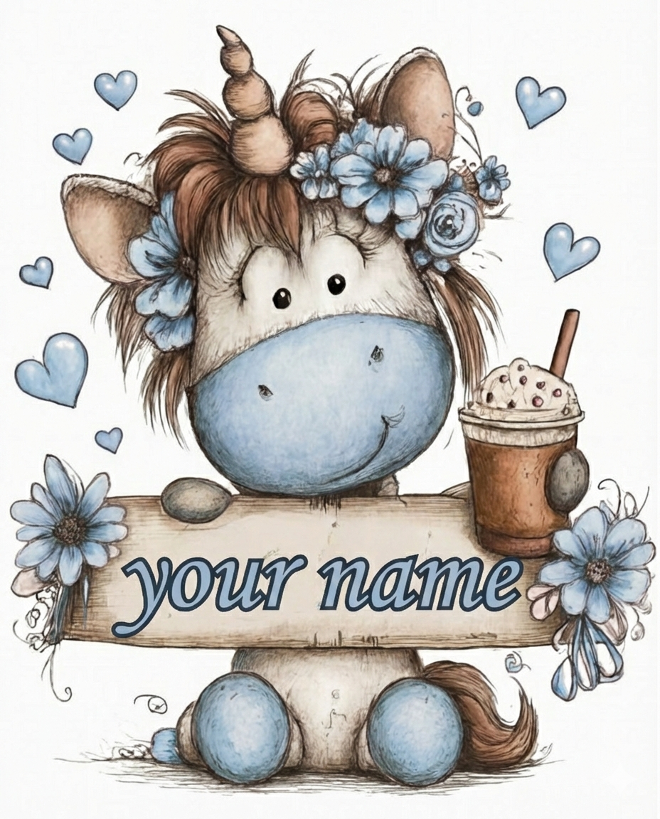 Cartoon creature with flowers and a drink, holding a sign with 'your name' text.