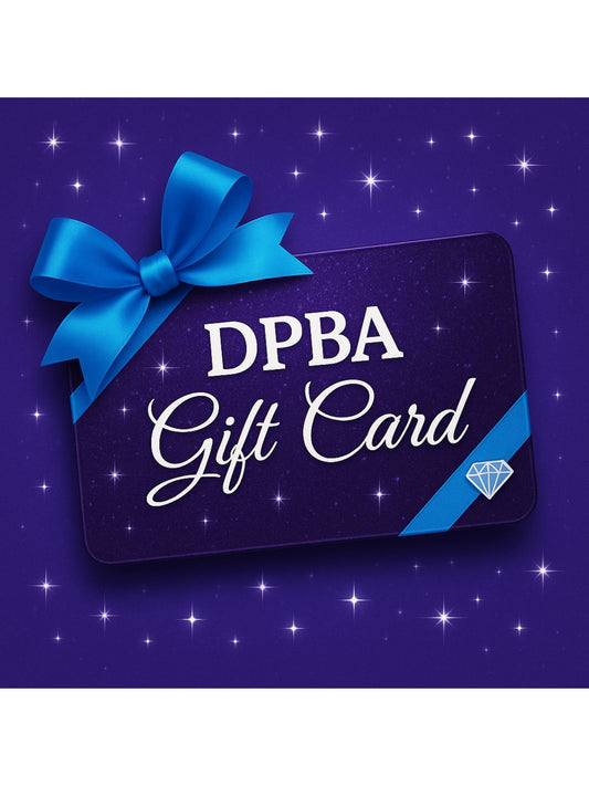 A purple gift card with a blue ribbon and bow, text "DPBA Gift Card" and a diamond icon.
