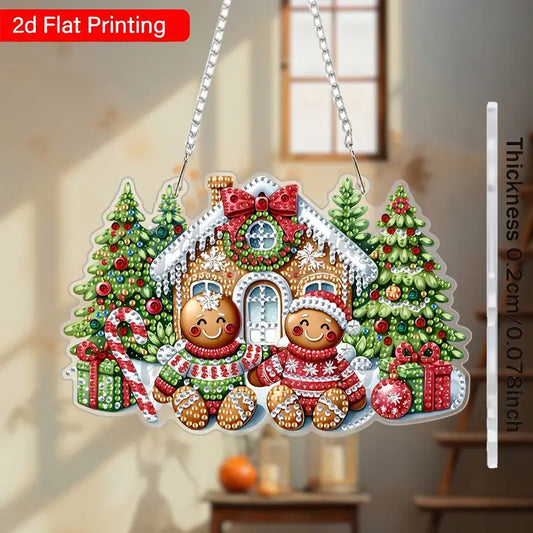 Decorative Christmas diamond art with gingerbread people, trees, and presents on a chain 