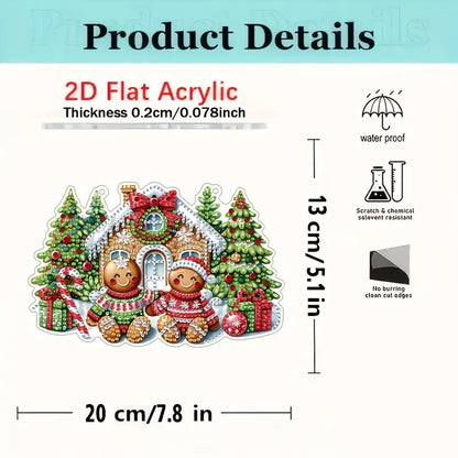 2D flat acrylic product with gingerbread man design, dimensions, and features listed.