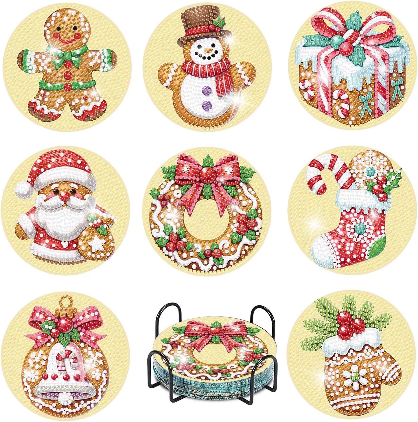 Set of Christmas-themed coasters with decorative designs on a yellow background.