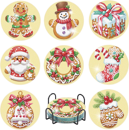 Set of Christmas-themed coasters with decorative designs on a yellow background.