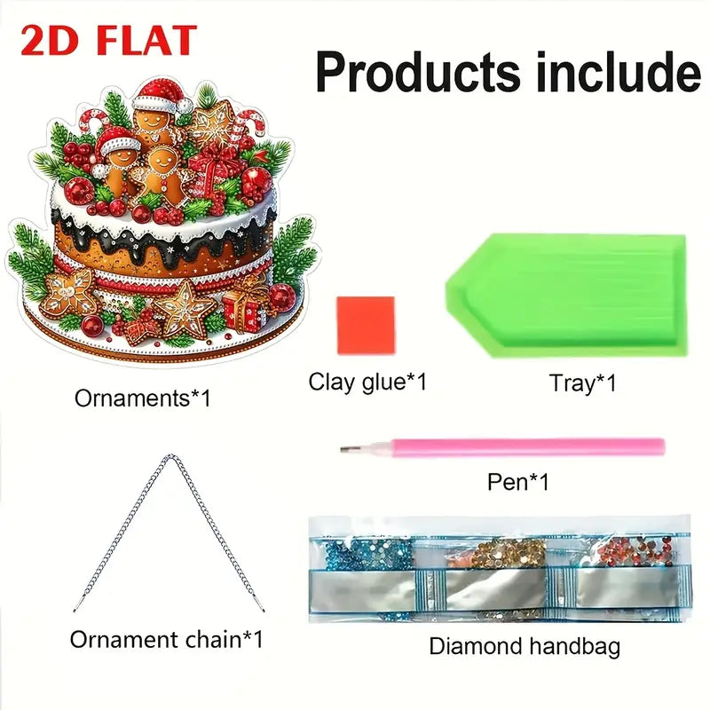 List of 2D flat products including a decorated cake, clay glue, tray, pen, ornament chain, and diamond handbag.