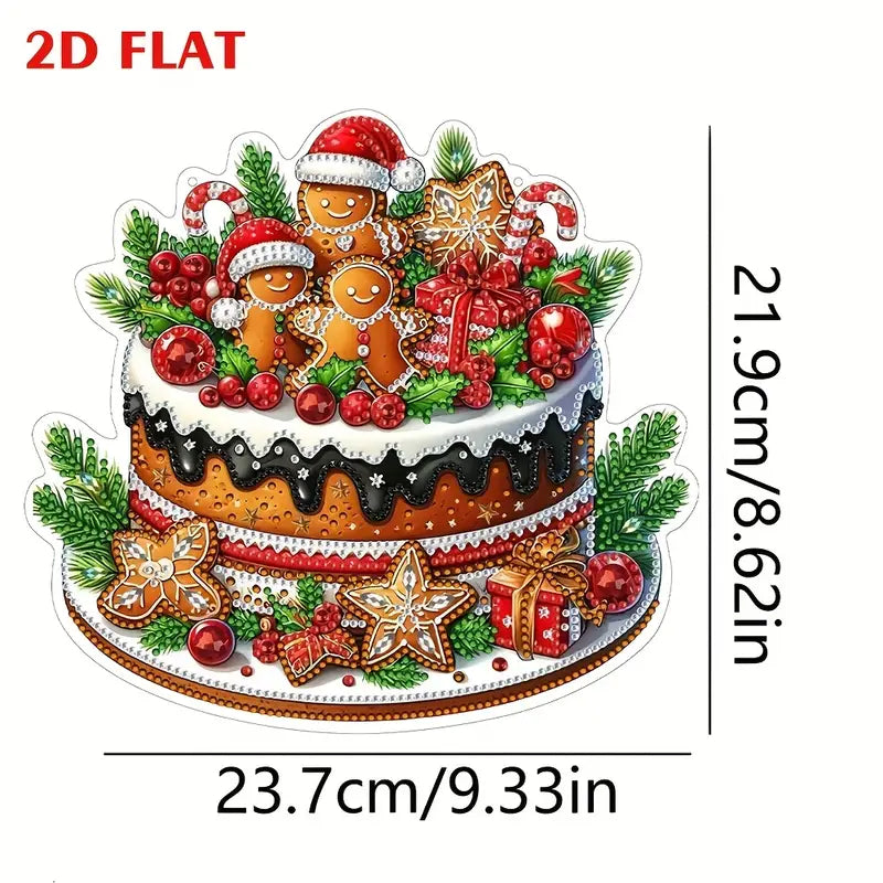  A photograph of the festive gingerbread cake diamond painting kit showing its dimensions, 23.7cm wide by 21.9cm tall