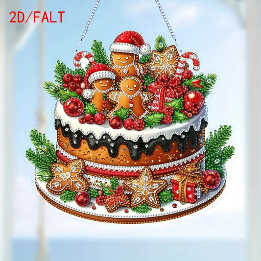 Decorative Christmas cake with gingerbread men, presents, and ornaments on a light blue background.