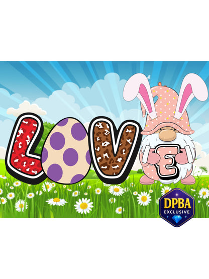 Easter gnome artwork spelling LOVE with bunny ears and eggs in a spring field, DPBA exclusive