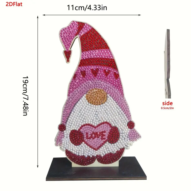 Decorative gnome figure with pink hat and heart details, shown with measurements on a white background.