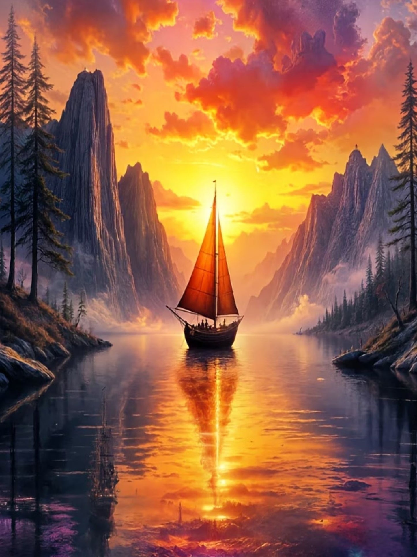 diamond painting of a sailboat on a calm lake surrounded by tall mountains under a vibrant orange and yellow sunset sky.