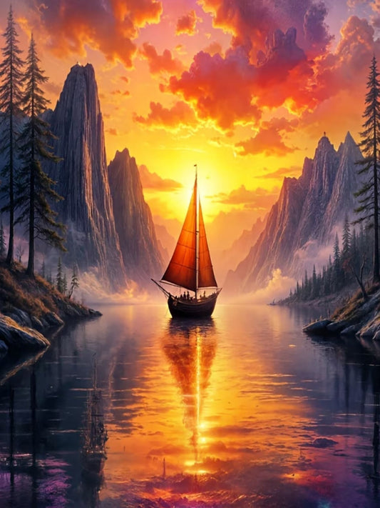 diamond painting of a sailboat on a calm lake surrounded by tall mountains under a vibrant orange and yellow sunset sky.