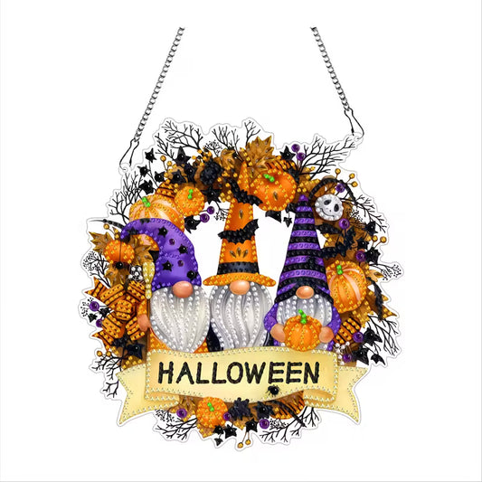 Decorative Halloween sign with gnomes, pumpkins, and a 'Halloween' banner on a white background.