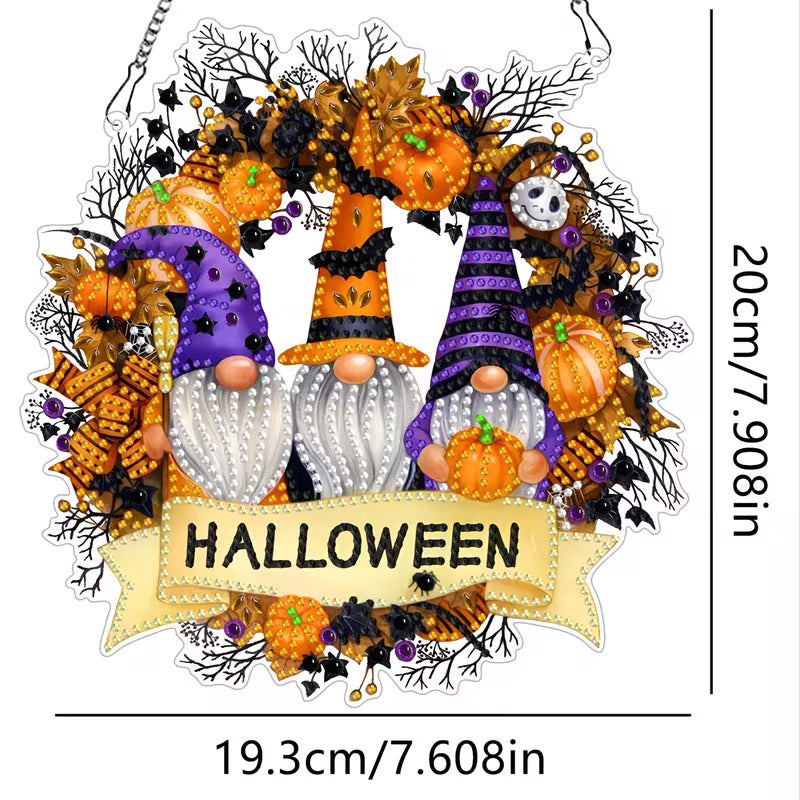 Decorative Halloween sign with gnomes and pumpkins, featuring a 'Halloween' banner.