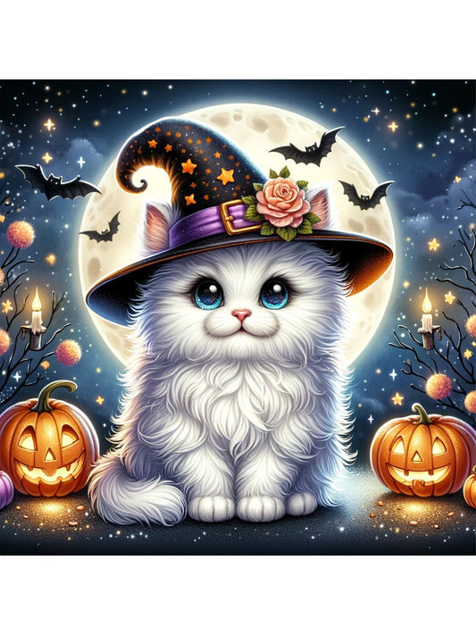 Cute white cat in a Halloween witch hat with pumpkins and bats in the background