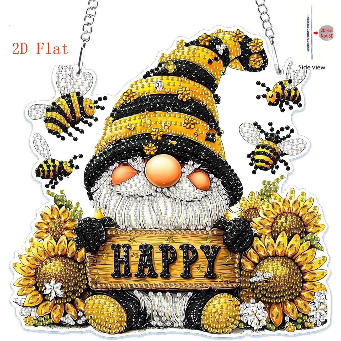 A 2D flat acrylic diamond painting kit featuring a happy gnome holding a happy sign with sunflowers and bees.