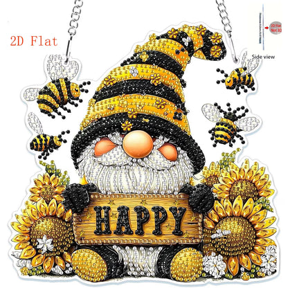 A 2D flat acrylic diamond painting kit featuring a happy gnome holding a happy sign with sunflowers and bees.