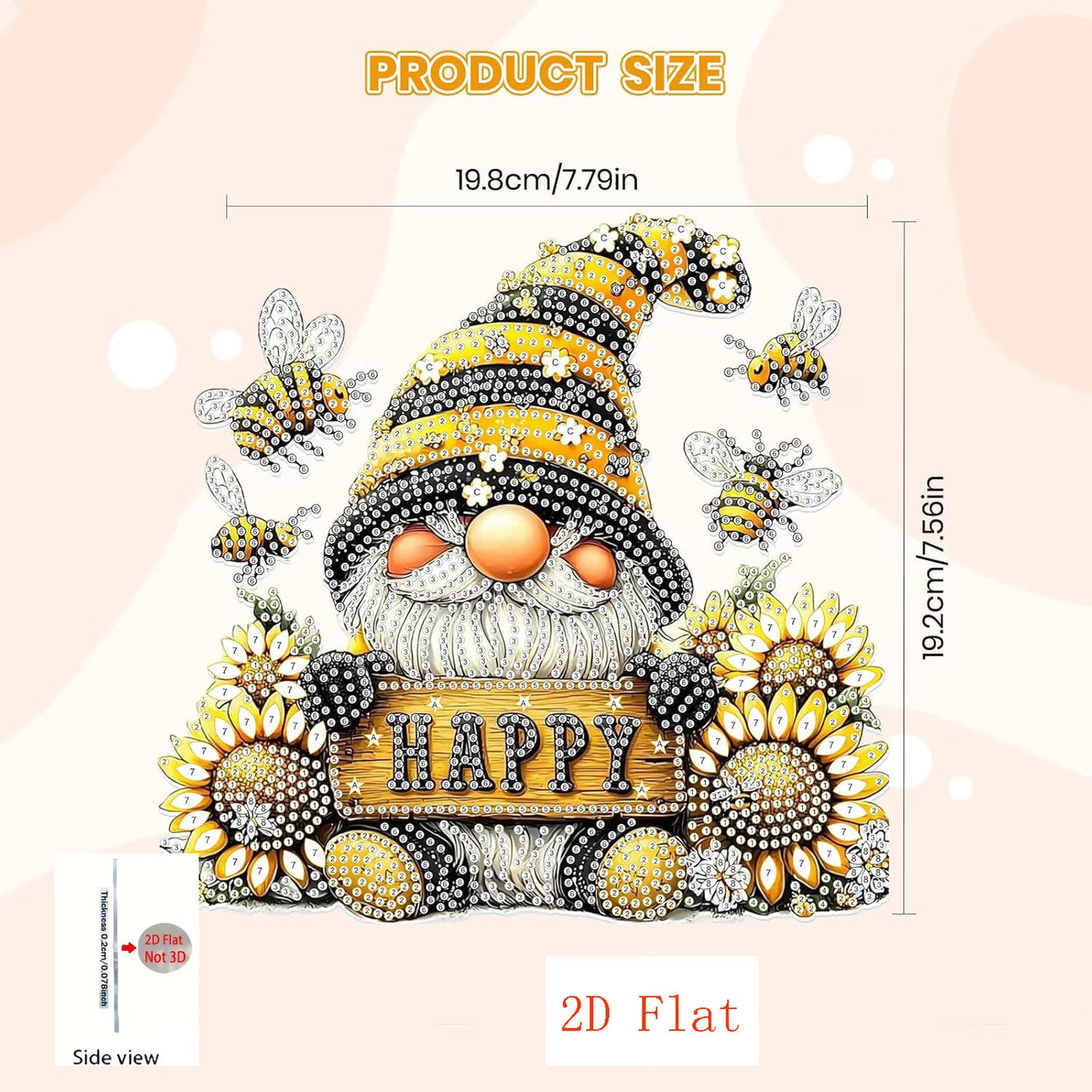 Decorative gnome with sunflowers and bees, featuring product size dimensions on a light pink background.