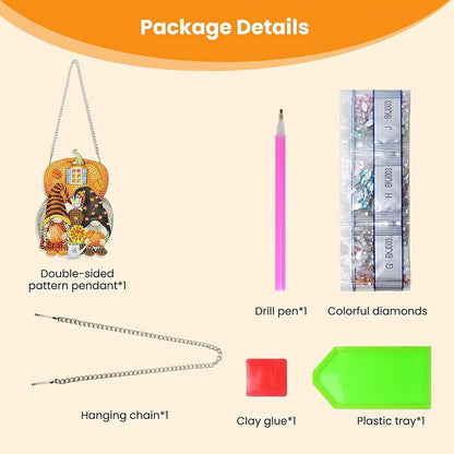 Collection of craft items including a double-sided pattern pendant, drill pen, colorful diamonds, hanging chain, clay glue, and plastic tray on a beige background.