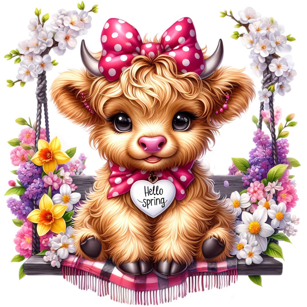 A diamond painting canvas of a fluffy baby Highland cow on a swing with a pink bow and heart charm, surrounded by colorful spring flowers.