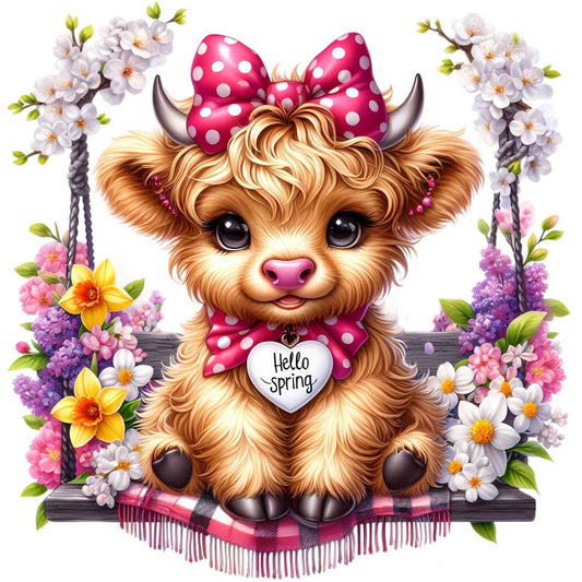 A diamond painting canvas of a fluffy baby Highland cow on a swing with a pink bow and heart charm, surrounded by colorful spring flowers.