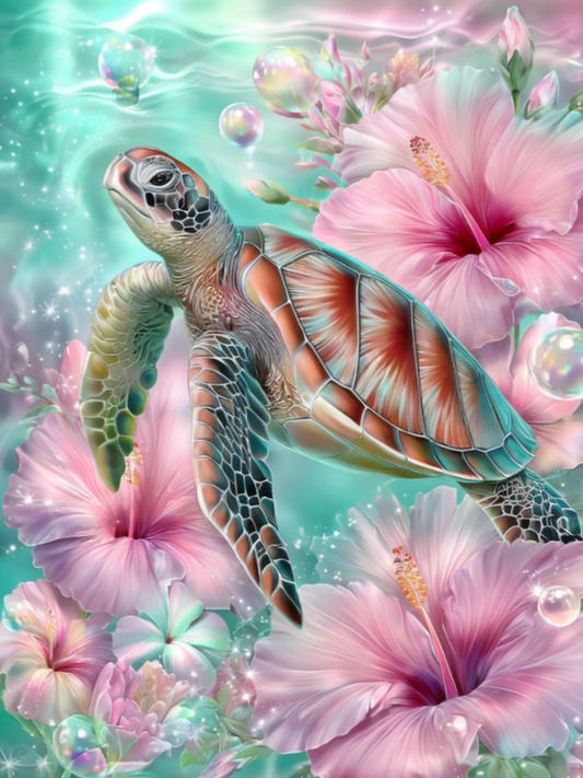 Tortoise surrounded by pink flowers with a pastel background
