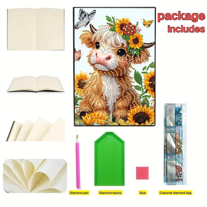 Collage of items included in a diamond painting kit with a cow and sunflower design.