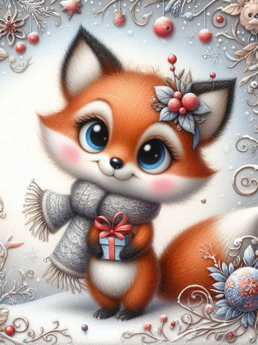 Winter Fox holding gift DIY Diamond Art Kit  