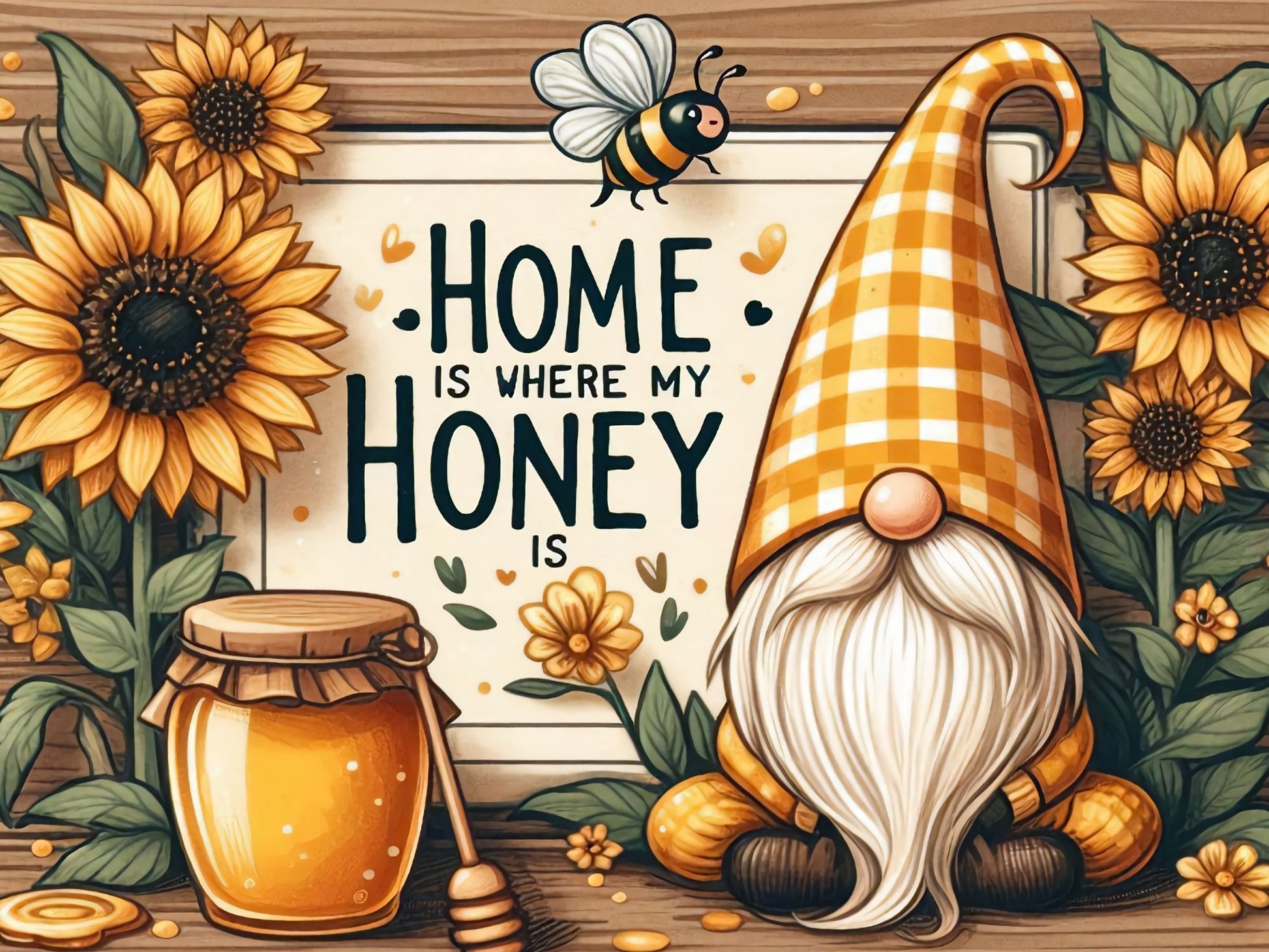 Gnome with checkered hat, honey jar, sunflowers, and bee on a wooden background with 'Home is where my honey is' text.