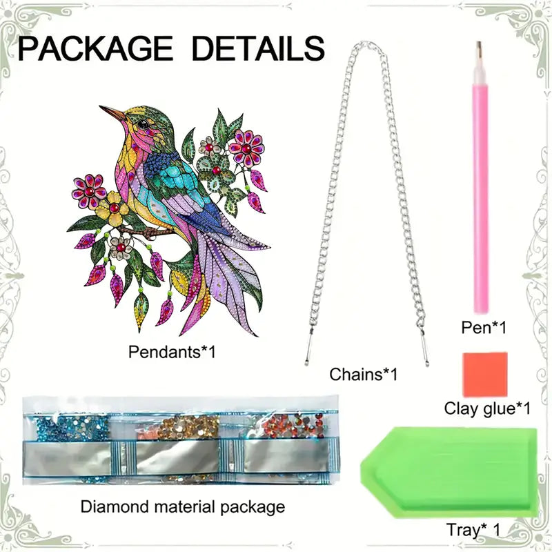 Package details including pendants, chains, pen, clay glue, tray, and diamond material package with a colorful bird design.