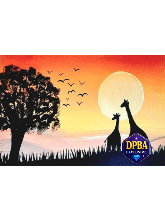  In Her Shadow by Teresa Super Diamond Painting Kit. A painterly scene of a vibrant orange and yellow sunset with a full moon, two giraffe silhouettes, a tree, and birds in flight
