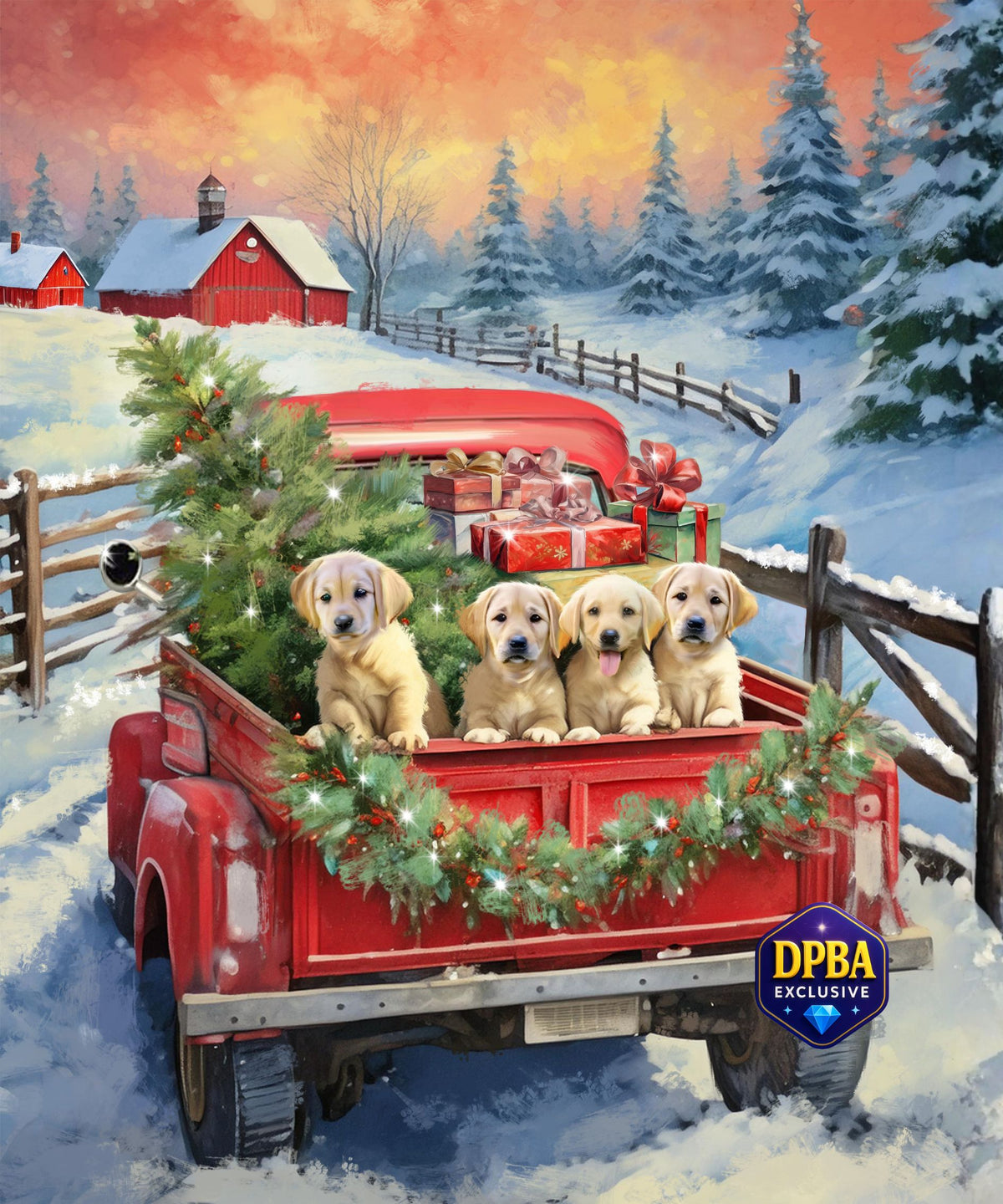 A 50x60cm portrait diamond painting design by Innis Stiles featuring four Golden Retriever puppies in a vintage red truck with a Christmas tree.