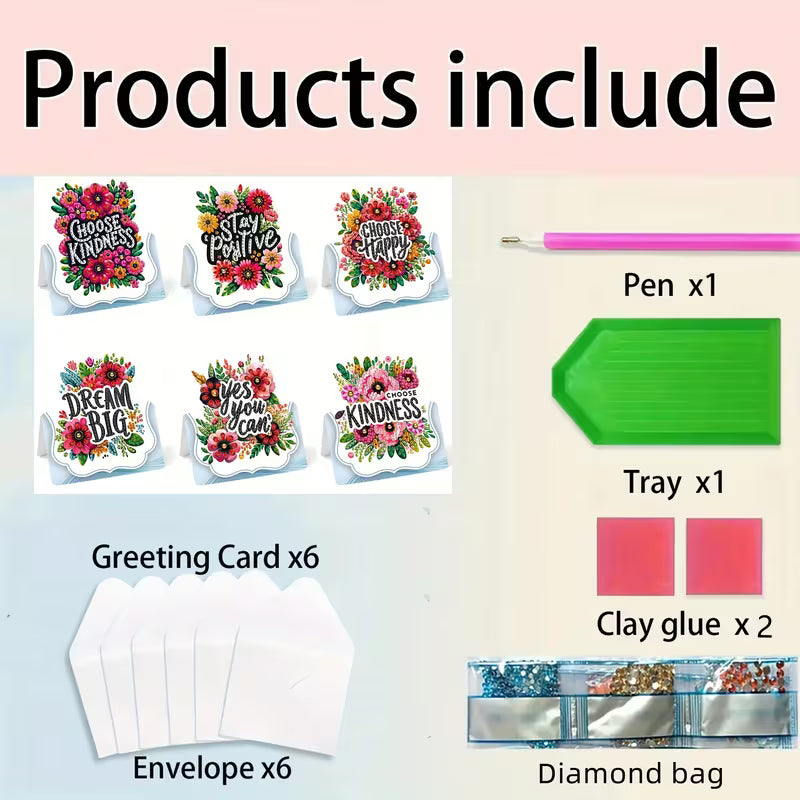 Product list with greeting cards, pen, tray, clay glue, envelope, and diamond bag on a pink and blue gradient background.