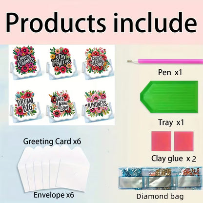 Product list with greeting cards, pen, tray, clay glue, envelope, and diamond bag on a pink and blue gradient background.