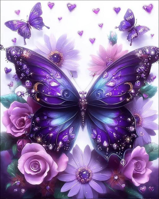 Decorative image of a purple butterfly and flowers with a diamond-like texture.