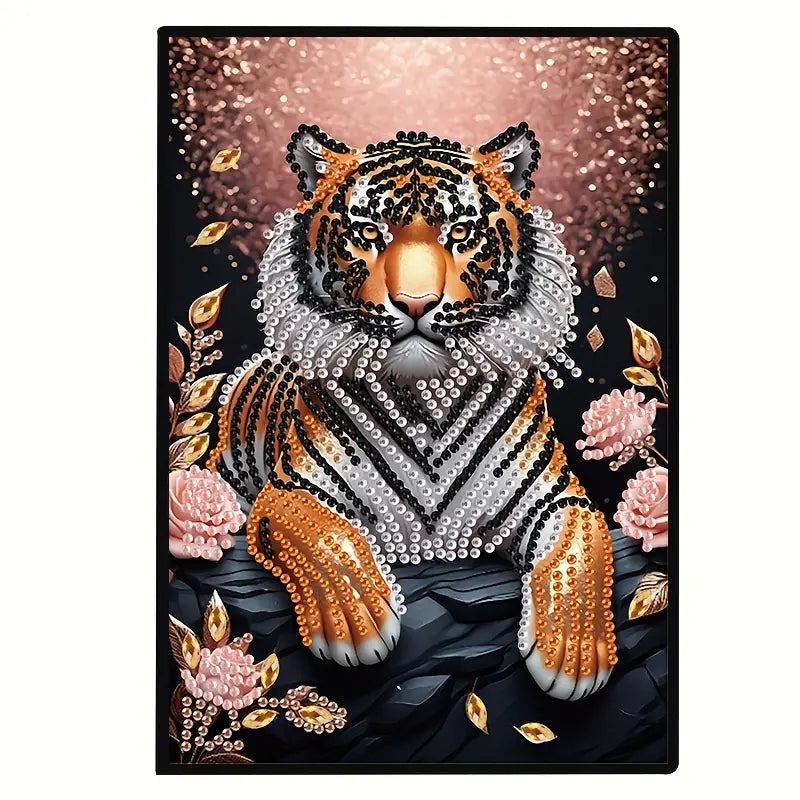 A completed diamond painting notebook featuring a design of a sitting tiger surrounded by pink flowers, decorated with sparkling orange, white, and black crystal rhinestones.