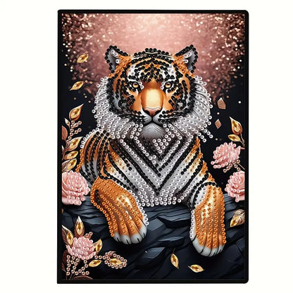 A completed diamond painting notebook featuring a design of a sitting tiger surrounded by pink flowers, decorated with sparkling orange, white, and black crystal rhinestones.