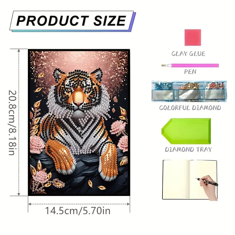 Product size chart with diamond painting kit components and dimensions, featuring a tiger design.