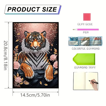 Product size chart with diamond painting kit components and dimensions, featuring a tiger design.